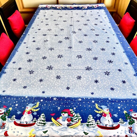 Blue Tablecloth Christmas Holiday Snowmen Snowflakes Cotton Blend 82” x 59” - Picture 14 of 14